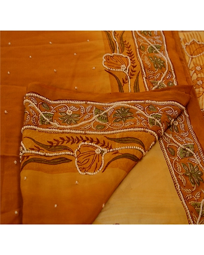 Sanskrit Vintage Brown Saree Pure Crepe Silk Hand Beaded Craft Fabric Pearl Sari, PS-42474-Brown-Null-100% Pure Crepe Silk-1