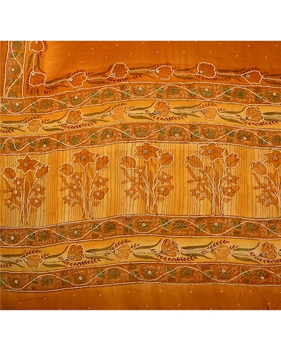 Sanskrit Vintage Brown Saree Pure Crepe Silk Hand Beaded Craft Fabric Pearl Sari, PS-42474-Brown-Null-100% Pure Crepe Silk-4
