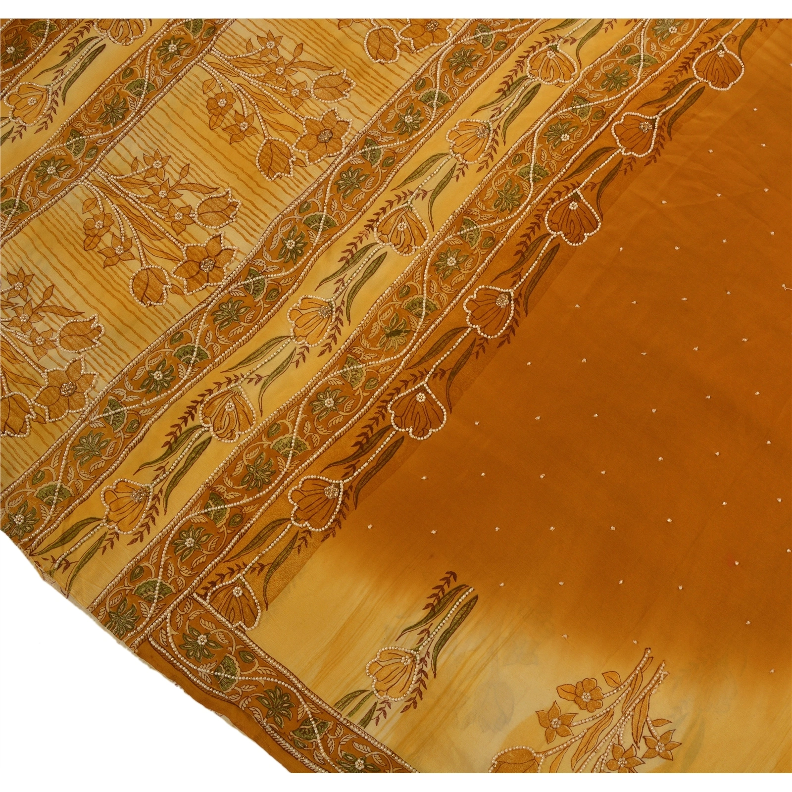 Sanskrit Vintage Brown Saree Pure Crepe Silk Hand Beaded Craft Fabric Pearl Sari, PS-42474-Brown-Null-100% Pure Crepe Silk-5