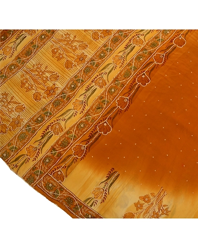 Sanskrit Vintage Brown Saree Pure Crepe Silk Hand Beaded Craft Fabric Pearl Sari, PS-42474-Brown-Null-100% Pure Crepe Silk-5