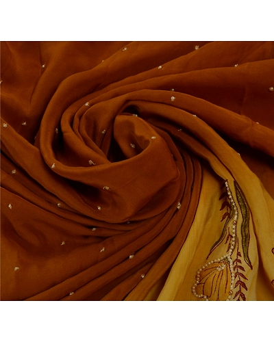Sanskrit Vintage Brown Saree Pure Crepe Silk Hand Beaded Craft Fabric Pearl Sari, PS-42474-Brown-Null-100% Pure Crepe Silk-9