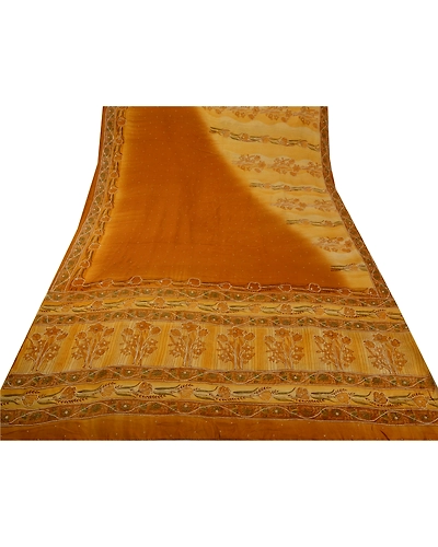 Sanskrit Vintage Brown Saree Pure Crepe Silk Hand Beaded Craft Fabric Pearl Sari, PS-42474-Brown-Null-100% Pure Crepe Silk-11