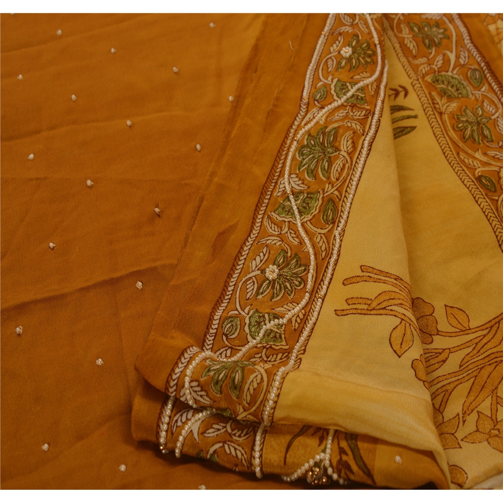 Sanskrit Vintage Brown Saree Pure Crepe Silk Hand Beaded Craft Fabric Pearl Sari, PS-42474-Brown-Null-100% Pure Crepe Silk-12