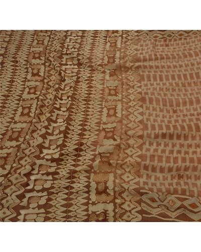 Sanskriti Vintage Brown Sarees Pure Silk Hand Beaded Fabric Premium 5 Yd Sari, PS-42597-Brown-Hand Beaded With Zari Work &amp; Thread Work-100% Pure Silk-1