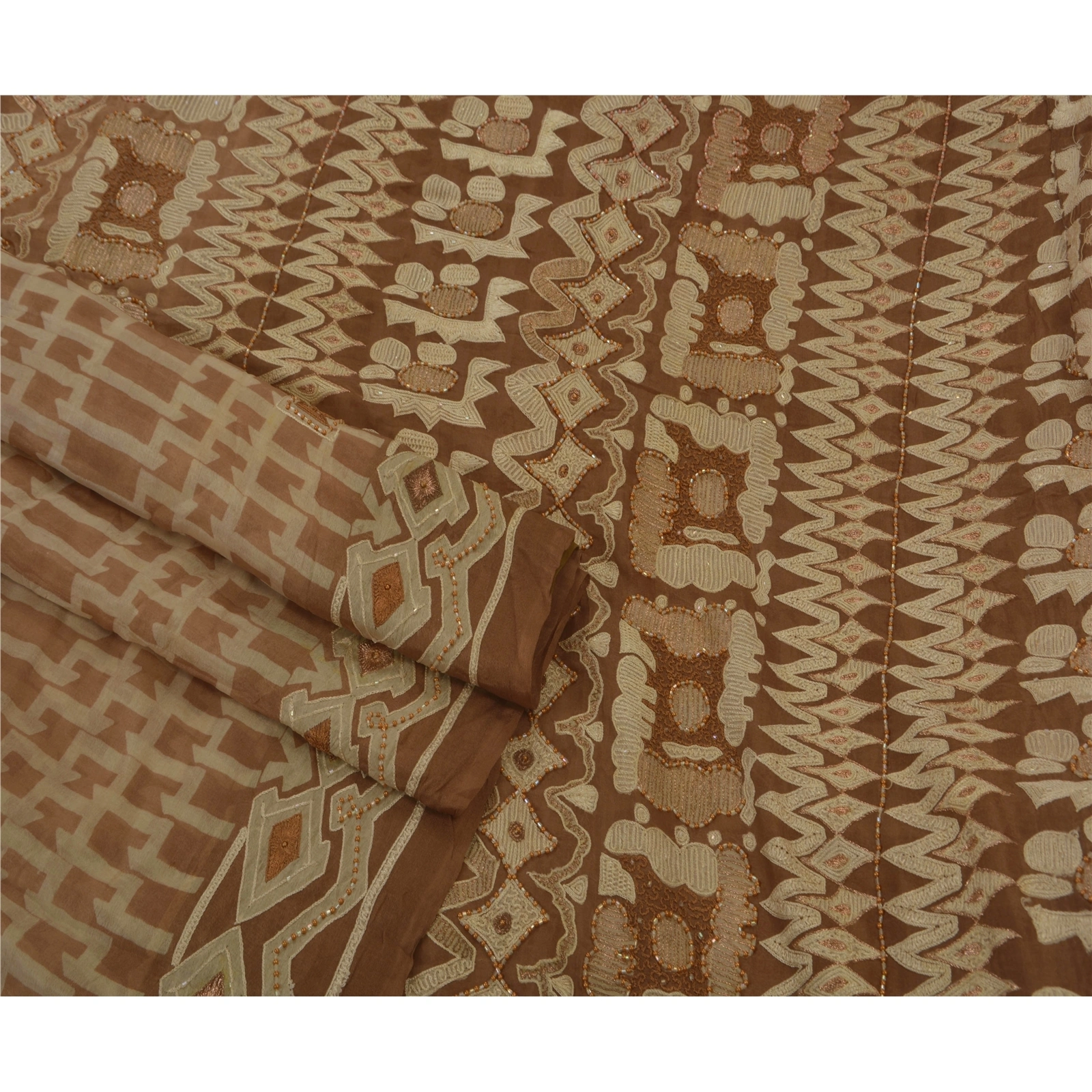 Sanskriti Vintage Brown Sarees Pure Silk Hand Beaded Fabric Premium 5 Yd Sari, PS-42597-Brown-Hand Beaded With Zari Work &amp; Thread Work-100% Pure Silk-2