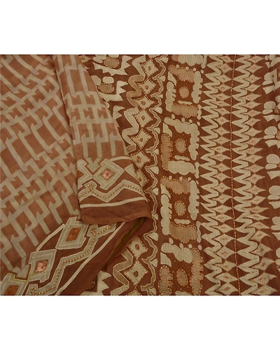 Sanskriti Vintage Brown Sarees Pure Silk Hand Beaded Fabric Premium 5 Yd Sari, PS-42597-Brown-Hand Beaded With Zari Work &amp; Thread Work-100% Pure Silk-3