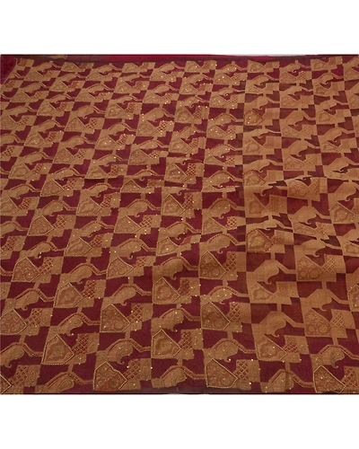 Sanskriti Vintage Sarees Pure Organza Silk Hand Beaded Woven Fabric Premium Sari, PS-42843-Dark Red-Hand Beaded With Thread Work &amp; Pearl Beads-100% Pure Organza Silk-1