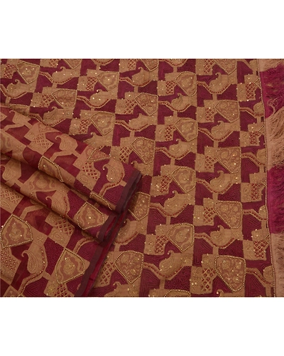 Sanskriti Vintage Sarees Pure Organza Silk Hand Beaded Woven Fabric Premium Sari, PS-42843-Dark Red-Hand Beaded With Thread Work &amp; Pearl Beads-100% Pure Organza Silk-2