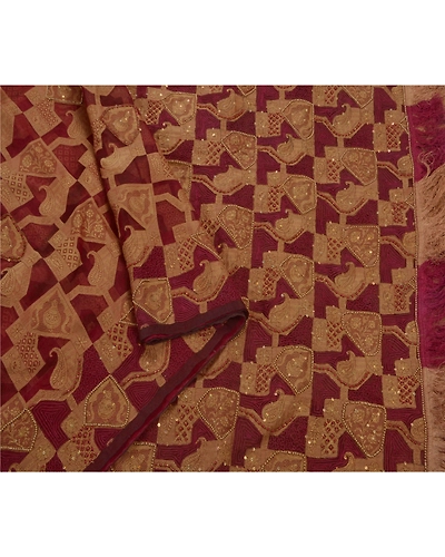 Sanskriti Vintage Sarees Pure Organza Silk Hand Beaded Woven Fabric Premium Sari, PS-42843-Dark Red-Hand Beaded With Thread Work &amp; Pearl Beads-100% Pure Organza Silk-3