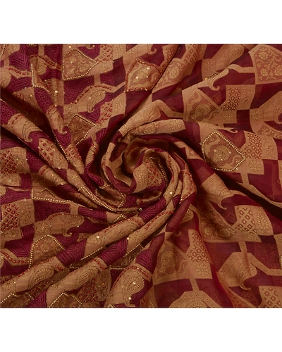 Sanskriti Vintage Sarees Pure Organza Silk Hand Beaded Woven Fabric Premium Sari, PS-42843-Dark Red-Hand Beaded With Thread Work &amp; Pearl Beads-100% Pure Organza Silk-5