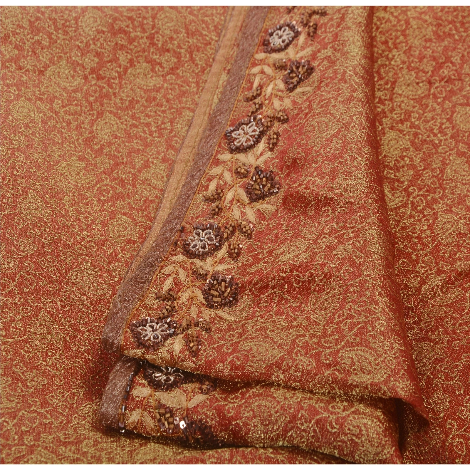 Sanskriti Vintage Indian Sarees Tissue Hand Embroidery Fabric Sari With Blouse, PS-42997-Brown-Hand Beaded With Zardozi Work-Tissue-2