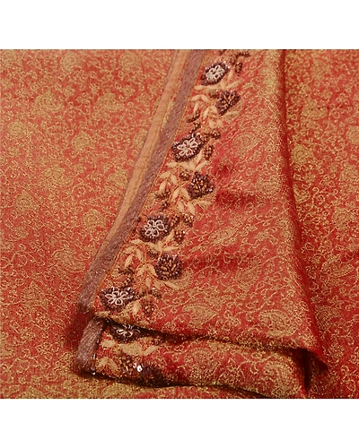 Sanskriti Vintage Indian Sarees Tissue Hand Embroidery Fabric Sari With Blouse, PS-42997-Brown-Hand Beaded With Zardozi Work-Tissue-2