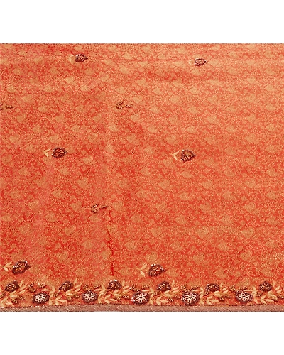Sanskriti Vintage Indian Sarees Tissue Hand Embroidery Fabric Sari With Blouse, PS-42997-Brown-Hand Beaded With Zardozi Work-Tissue-3