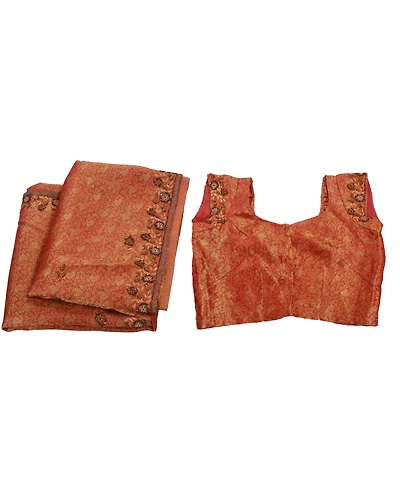 Sanskriti Vintage Indian Sarees Tissue Hand Embroidery Fabric Sari With Blouse, PS-42997-Brown-Hand Beaded With Zardozi Work-Tissue-10