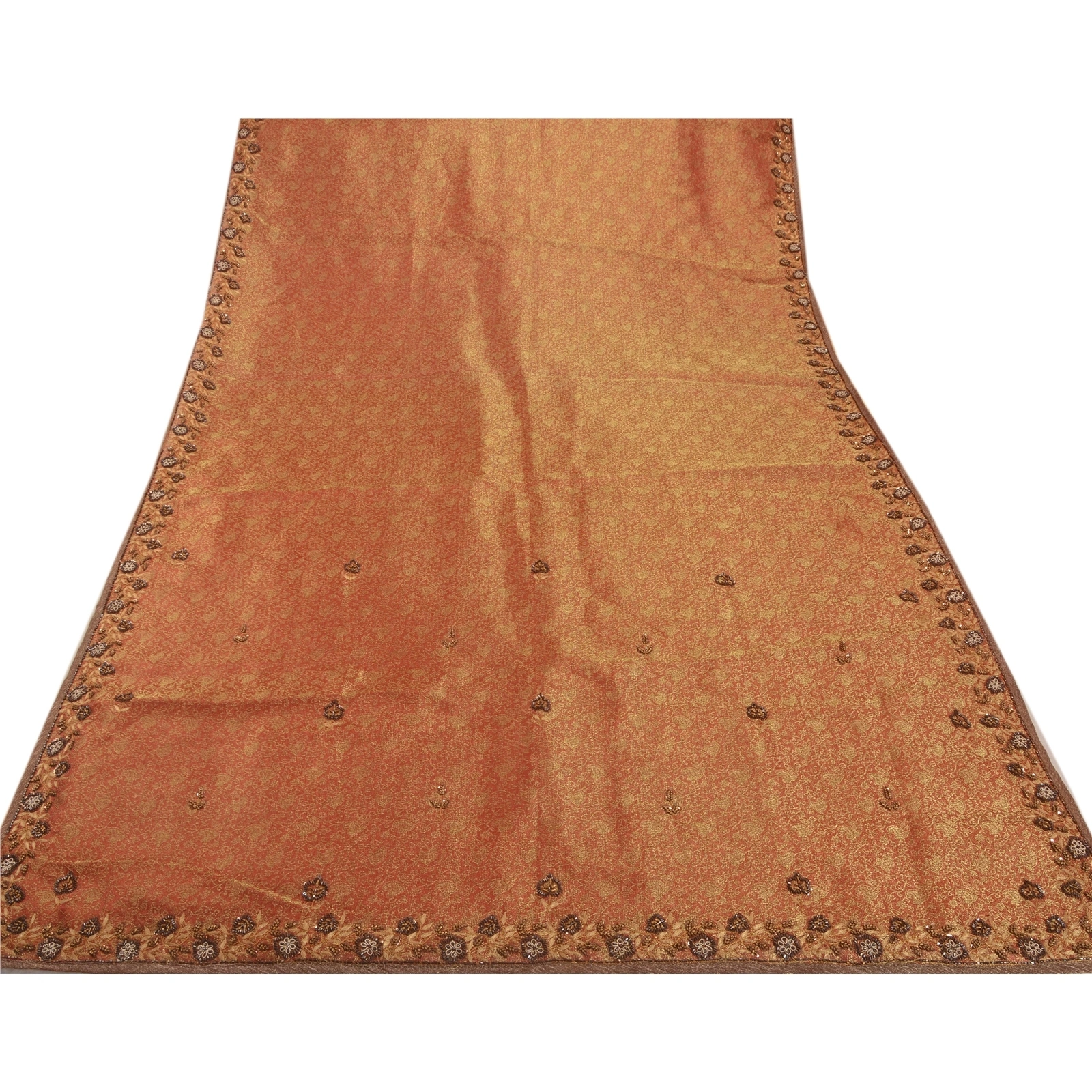 Sanskriti Vintage Indian Sarees Tissue Hand Embroidery Fabric Sari With Blouse, PS-42997-Brown-Hand Beaded With Zardozi Work-Tissue-13