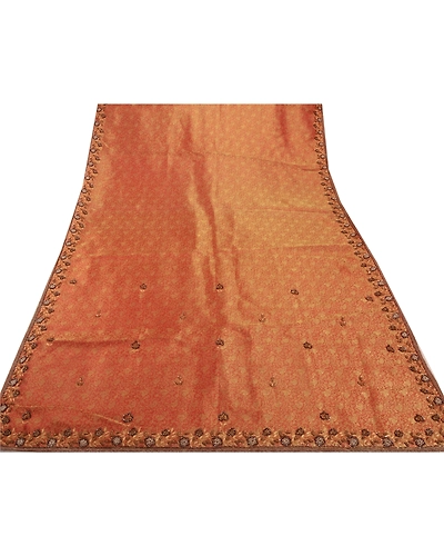 Sanskriti Vintage Indian Sarees Tissue Hand Embroidery Fabric Sari With Blouse, PS-42997-Brown-Hand Beaded With Zardozi Work-Tissue-13
