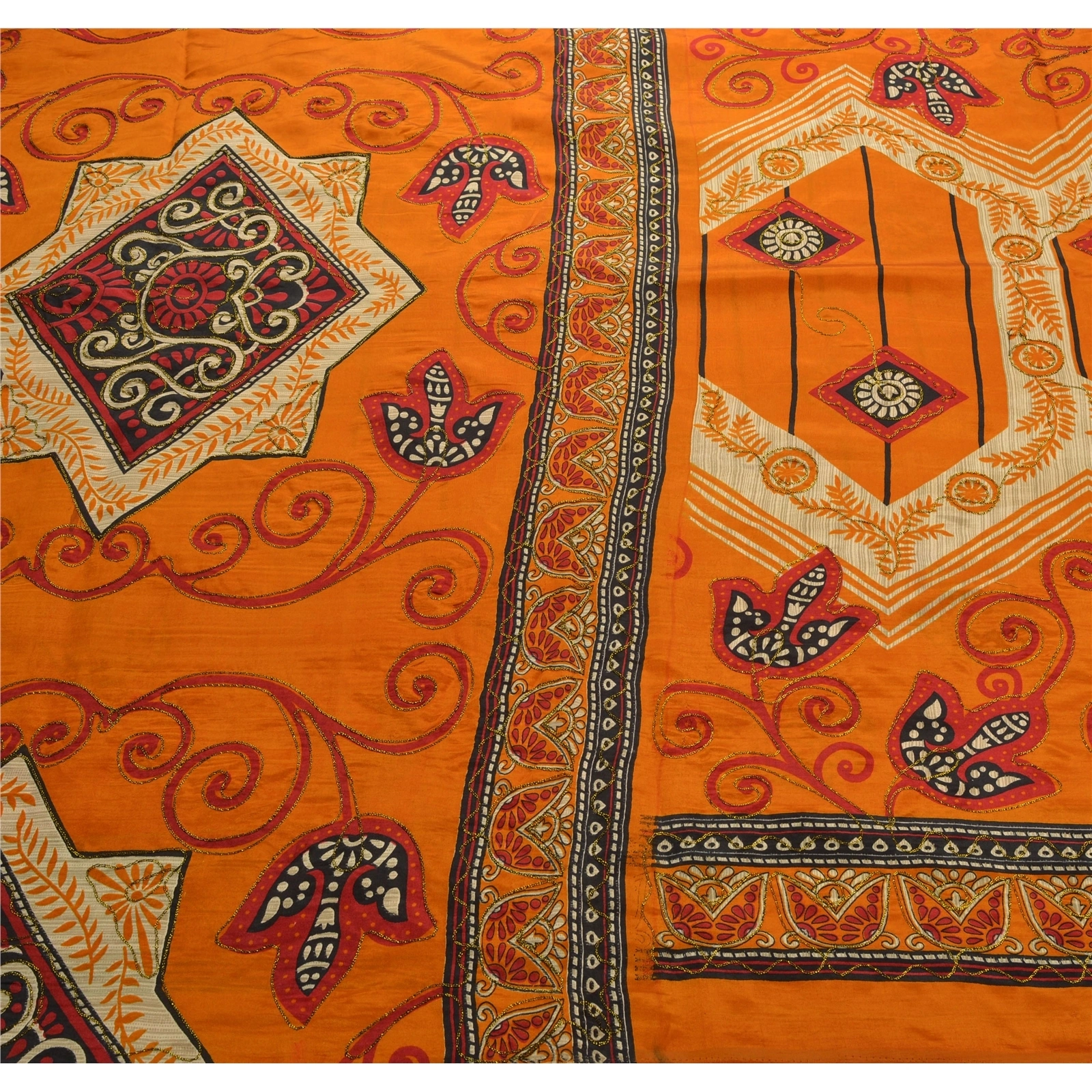 Sanskriti Vintage Orange Indian Sarees Art Silk Hand Embroidered Fabric Sari, PS-43037-Orange-Hand Embroidered With Thread Wok-Art Silk-1