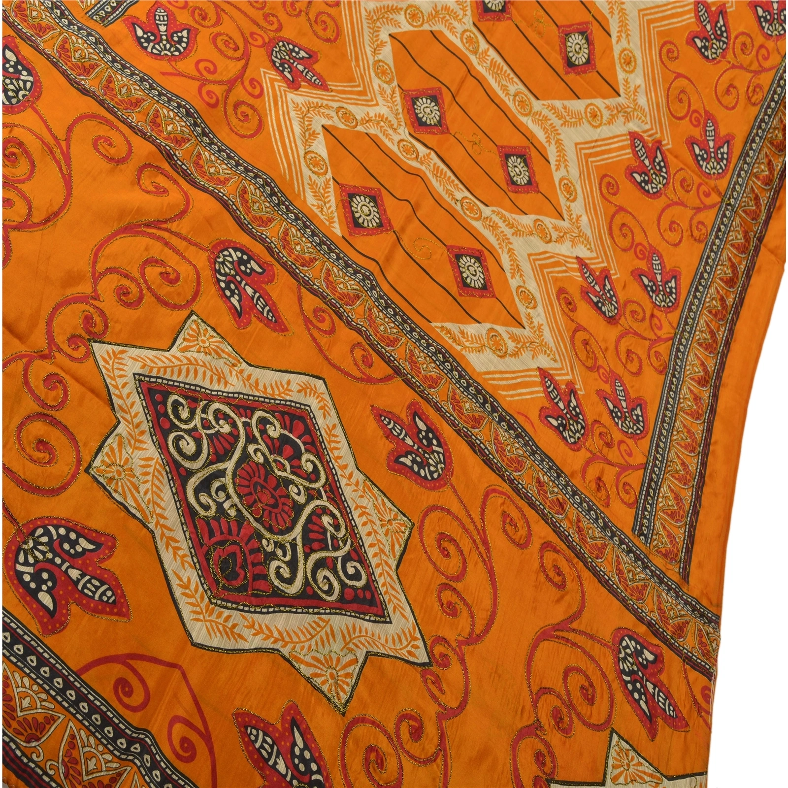 Sanskriti Vintage Orange Indian Sarees Art Silk Hand Embroidered Fabric Sari, PS-43037-Orange-Hand Embroidered With Thread Wok-Art Silk-2