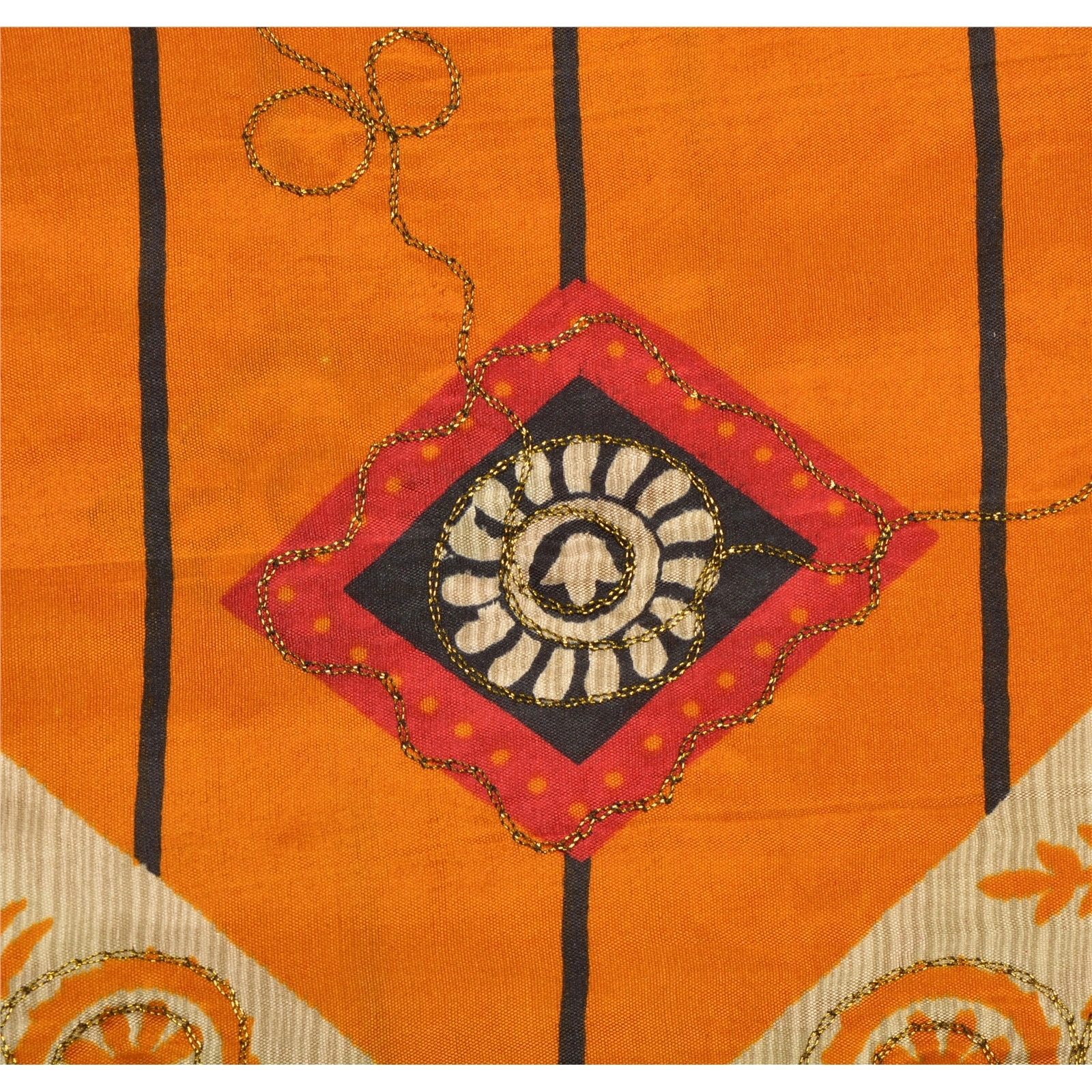 Sanskriti Vintage Orange Indian Sarees Art Silk Hand Embroidered Fabric Sari, PS-43037-Orange-Hand Embroidered With Thread Wok-Art Silk-7