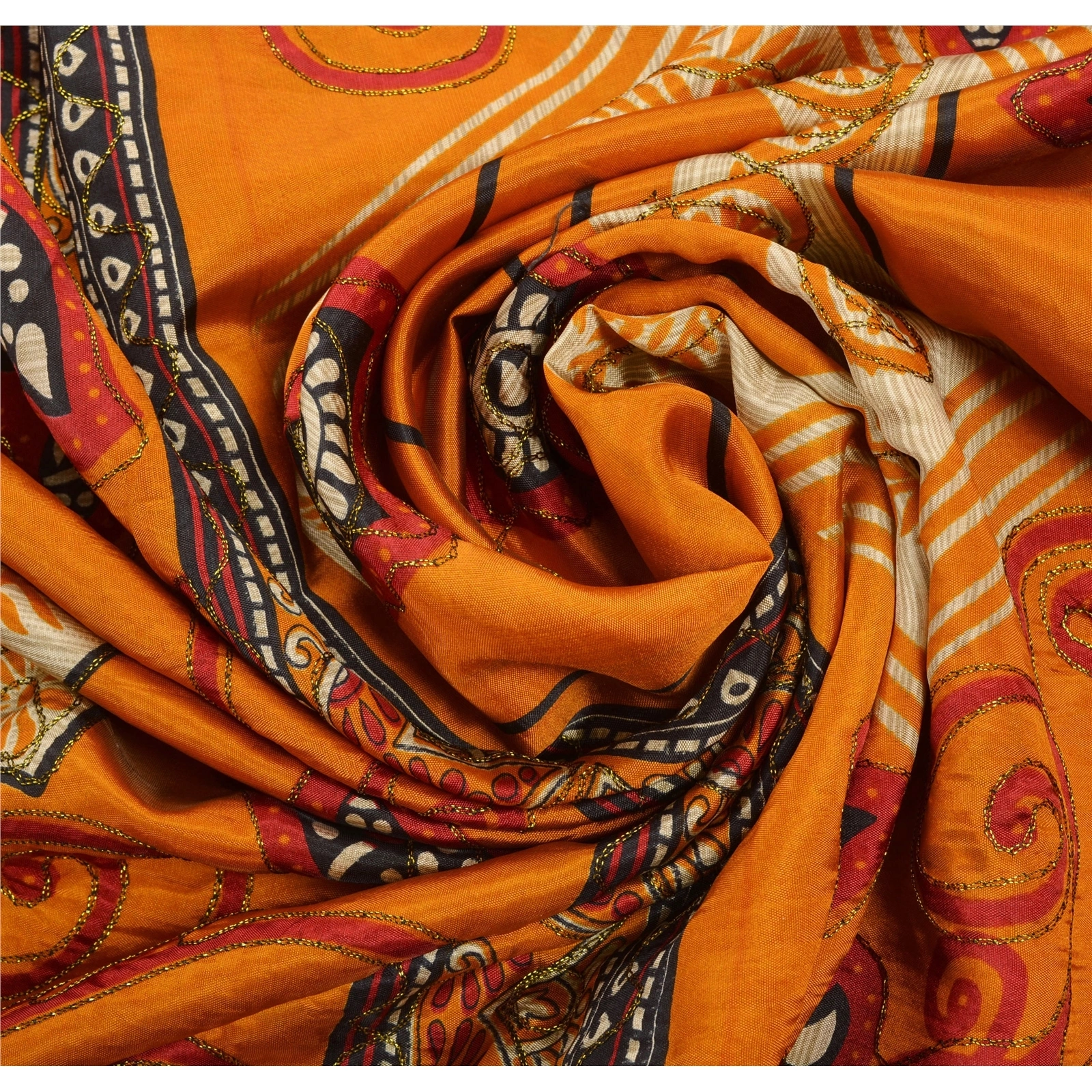 Sanskriti Vintage Orange Indian Sarees Art Silk Hand Embroidered Fabric Sari, PS-43037-Orange-Hand Embroidered With Thread Wok-Art Silk-8