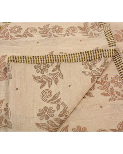 Sanskriti Vintage Cream Indian Sarees Pure Cotton Embroidered Craft Fabric Sari, PS-43065-Cream-Embroidered With Thread Work-100% Pure Cotton-3