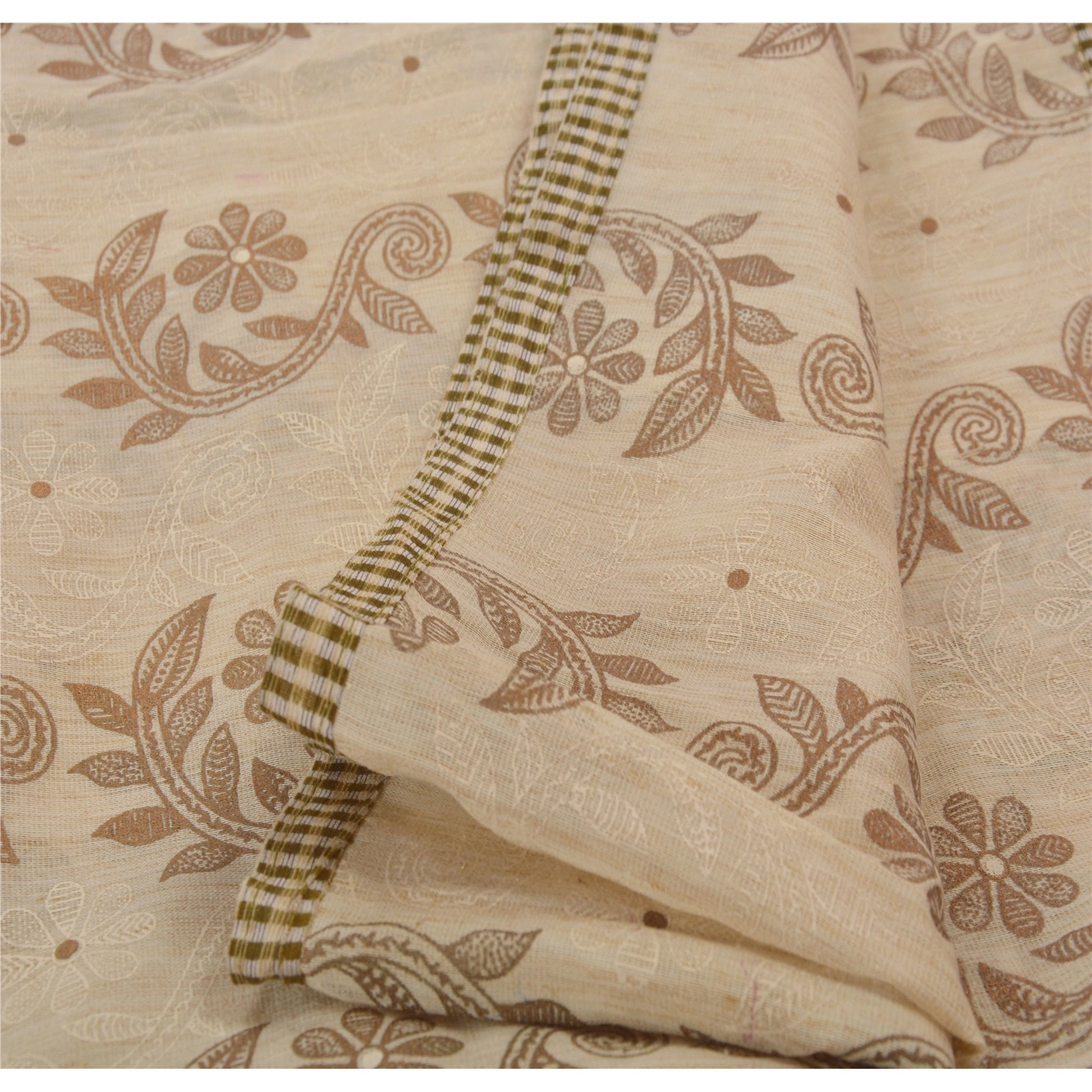 Sanskriti Vintage Cream Indian Sarees Pure Cotton Embroidered Craft Fabric Sari, PS-43065-Cream-Embroidered With Thread Work-100% Pure Cotton-4