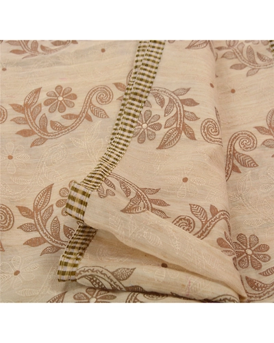 Sanskriti Vintage Cream Indian Sarees Pure Cotton Embroidered Craft Fabric Sari, PS-43065-Cream-Embroidered With Thread Work-100% Pure Cotton-4