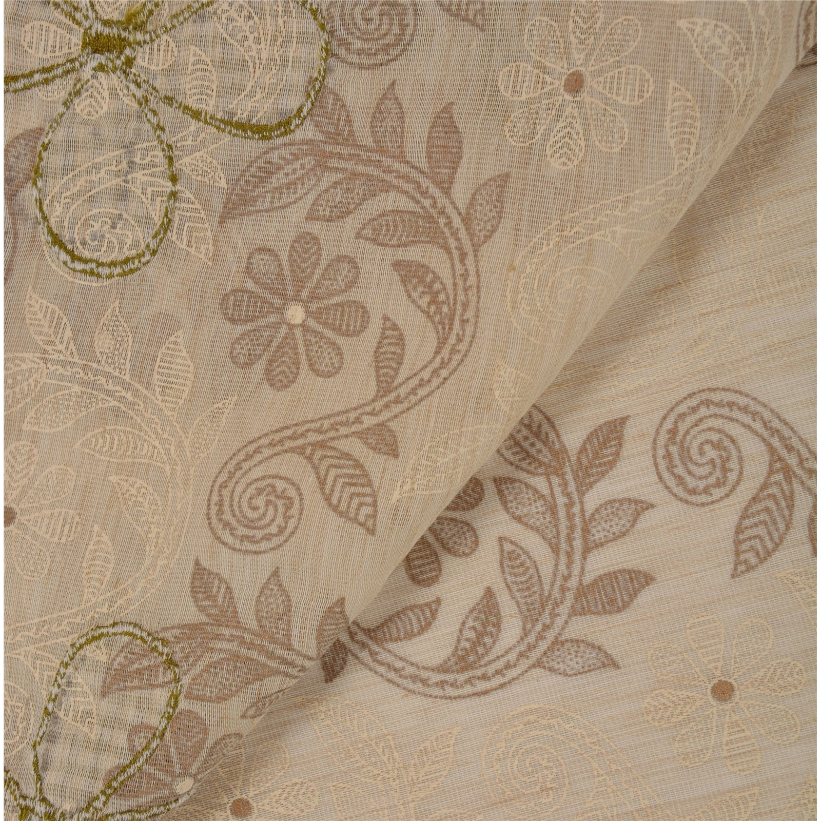 Sanskriti Vintage Cream Indian Sarees Pure Cotton Embroidered Craft Fabric Sari, PS-43065-Cream-Embroidered With Thread Work-100% Pure Cotton-5