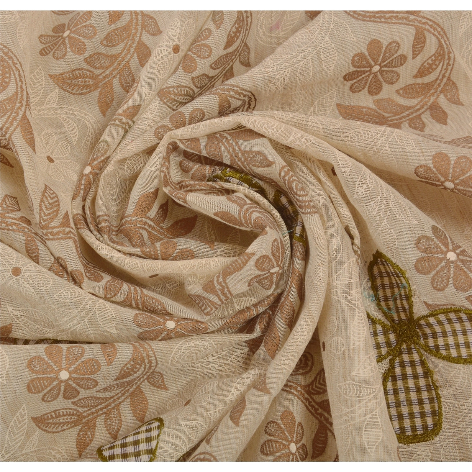 Sanskriti Vintage Cream Indian Sarees Pure Cotton Embroidered Craft Fabric Sari, PS-43065-Cream-Embroidered With Thread Work-100% Pure Cotton-10