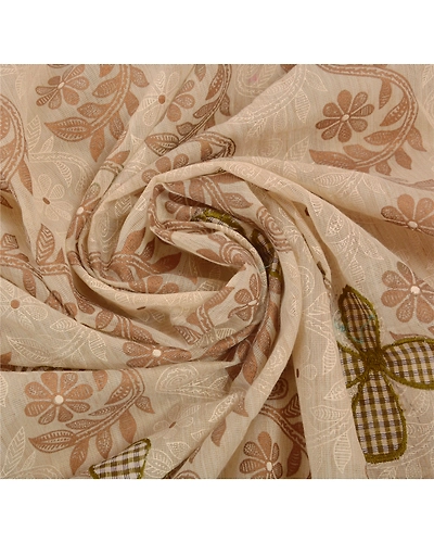 Sanskriti Vintage Cream Indian Sarees Pure Cotton Embroidered Craft Fabric Sari, PS-43065-Cream-Embroidered With Thread Work-100% Pure Cotton-10