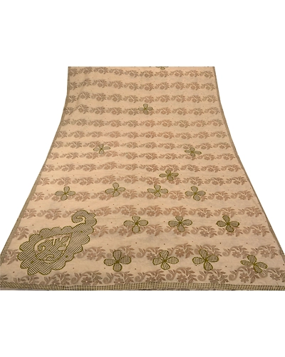 Sanskriti Vintage Cream Indian Sarees Pure Cotton Embroidered Craft Fabric Sari, PS-43065-Cream-Embroidered With Thread Work-100% Pure Cotton-12