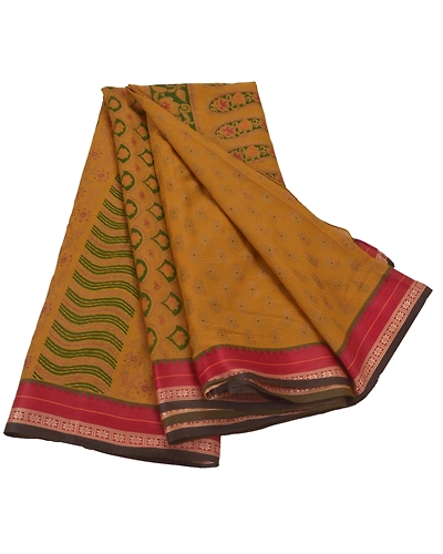 Sanskriti Vintage Indian Sarees Pure Cotton Painted Craft Fabric Green Sari, PS-43069-Green-Painted Work-100% Pure Cotton-1