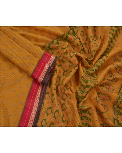 Sanskriti Vintage Indian Sarees Pure Cotton Painted Craft Fabric Green Sari, PS-43069-Green-Painted Work-100% Pure Cotton-3