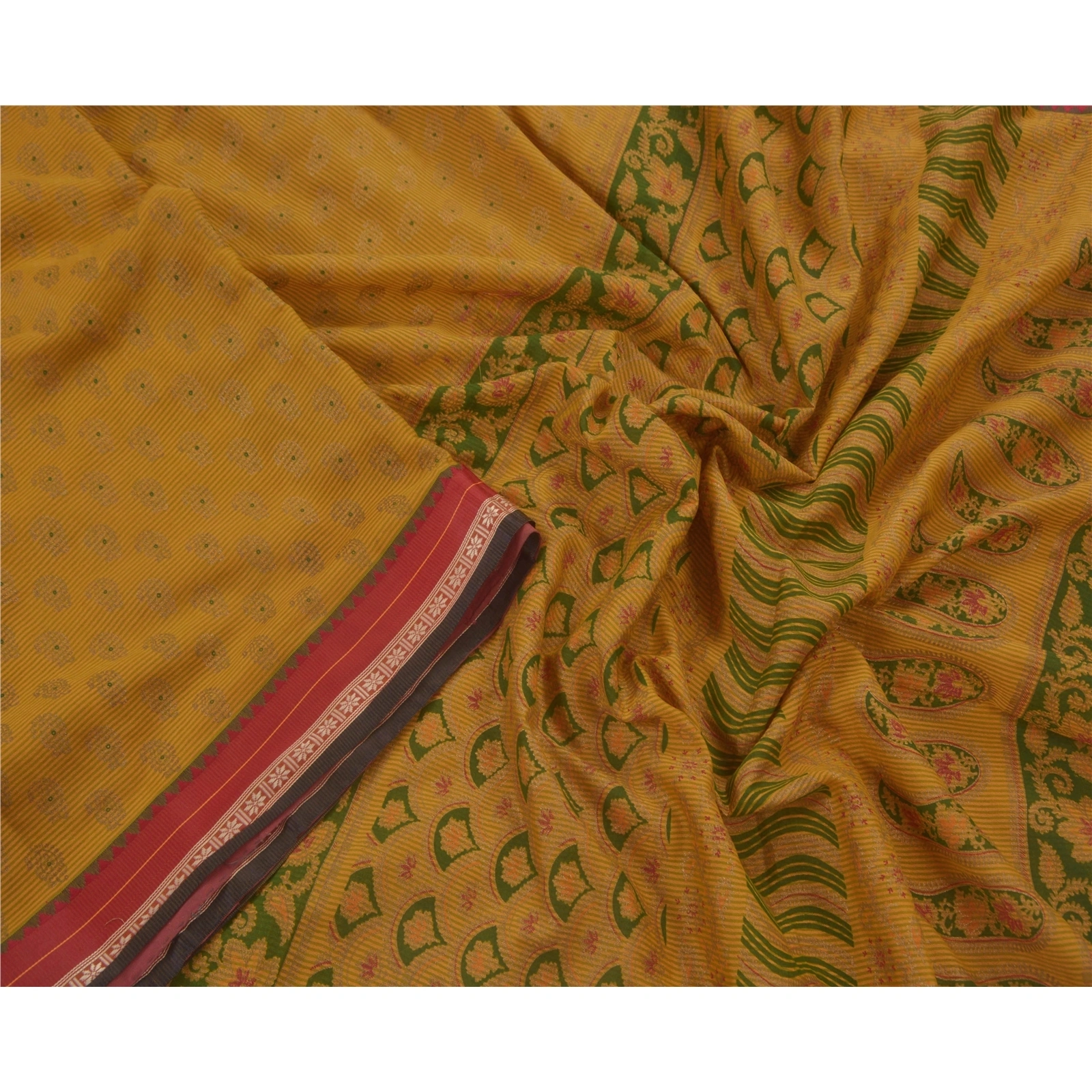 Sanskriti Vintage Indian Sarees Pure Cotton Painted Craft Fabric Green Sari, PS-43069-Green-Painted Work-100% Pure Cotton-4