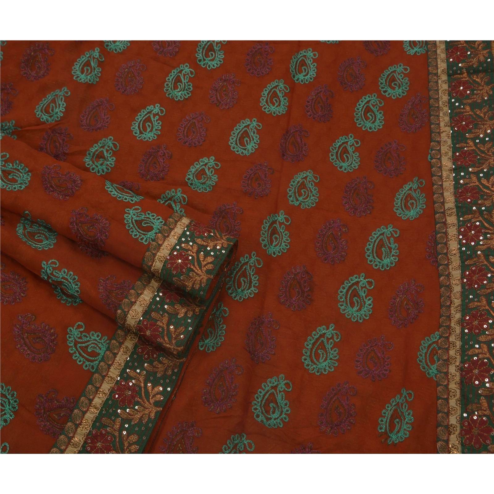 Sanskriti Vintage Sarees Georgette Hand Beaded Fabric Premium 5 Yd Ethnic Sari, PS-43157-Orange-Hand Embroidered With Thread Work-Georgette-3