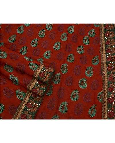 Sanskriti Vintage Sarees Georgette Hand Beaded Fabric Premium 5 Yd Ethnic Sari, PS-43157-Orange-Hand Embroidered With Thread Work-Georgette-3