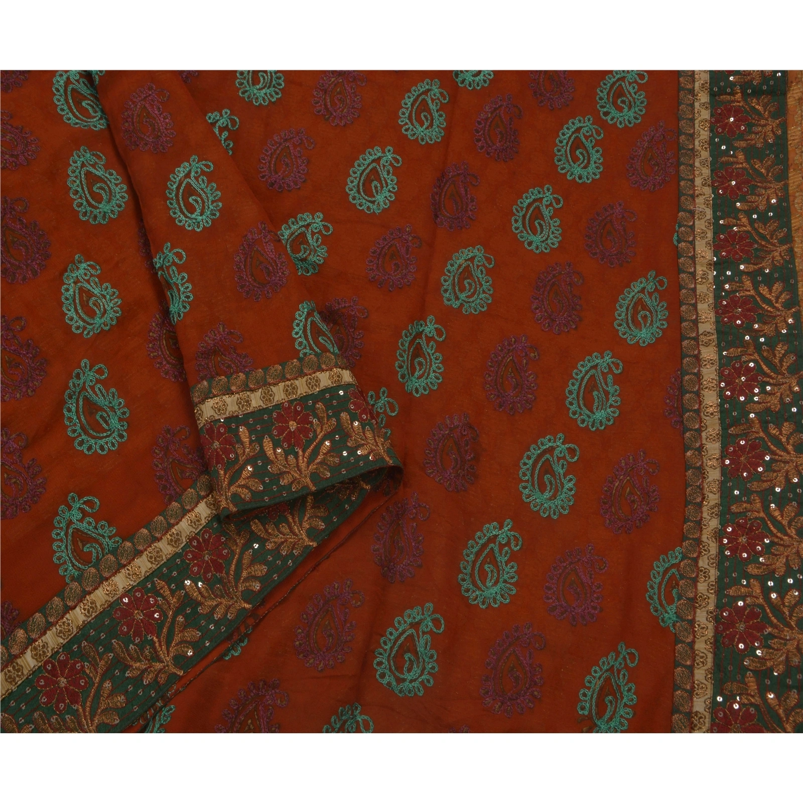 Sanskriti Vintage Sarees Georgette Hand Beaded Fabric Premium 5 Yd Ethnic Sari, PS-43157-Orange-Hand Embroidered With Thread Work-Georgette-4