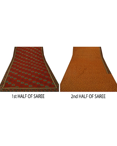 Sanskriti Vintage Sarees Georgette Hand Beaded Fabric Premium 5 Yd Ethnic Sari, PS-43157-Orange-Hand Embroidered With Thread Work-Georgette-5
