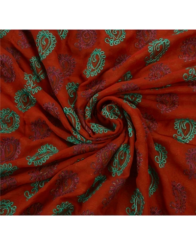 Sanskriti Vintage Sarees Georgette Hand Beaded Fabric Premium 5 Yd Ethnic Sari, PS-43157-Orange-Hand Embroidered With Thread Work-Georgette-6
