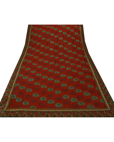 Sanskriti Vintage Sarees Georgette Hand Beaded Fabric Premium 5 Yd Ethnic Sari, PS-43157-Orange-Hand Embroidered With Thread Work-Georgette-7