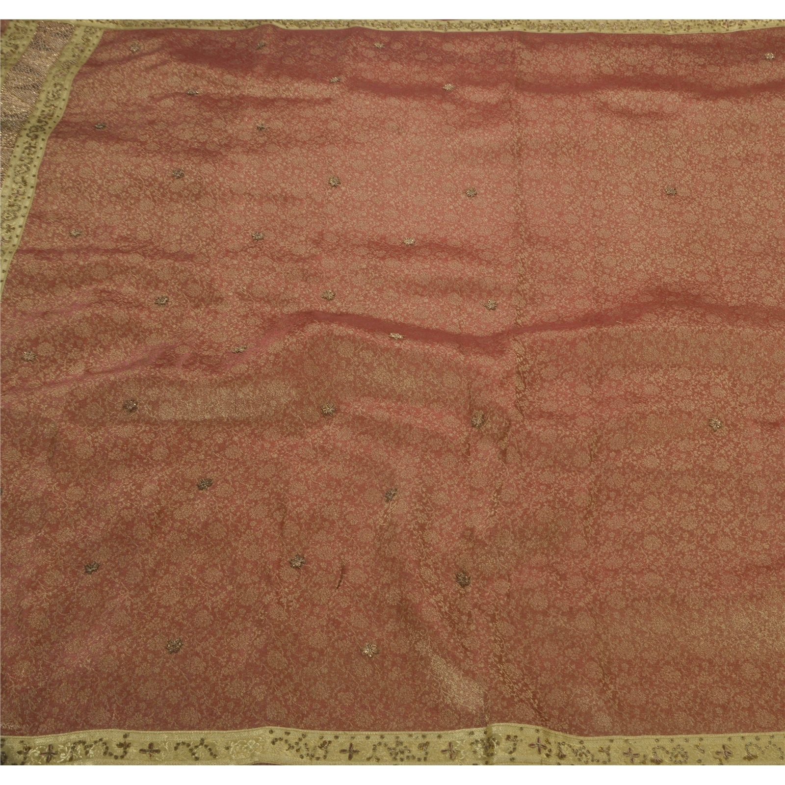 Sanskriti Vintage Dark Red Sarees Tissue Hand Beaded Craft Fabric Indian Sari, PS-43365-Dark Red-Hand Beaded With Zardozi Work-Tissue-2