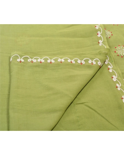 Sanskriti Vintage Green Sarees Cotton Hand Embroidered Fabric Chikankari Sari, PS-43396-Green-Hand Embroidered With Thread Work-Cotton-3