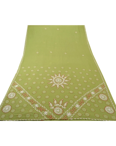 Sanskriti Vintage Green Sarees Cotton Hand Embroidered Fabric Chikankari Sari, PS-43396-Green-Hand Embroidered With Thread Work-Cotton-9
