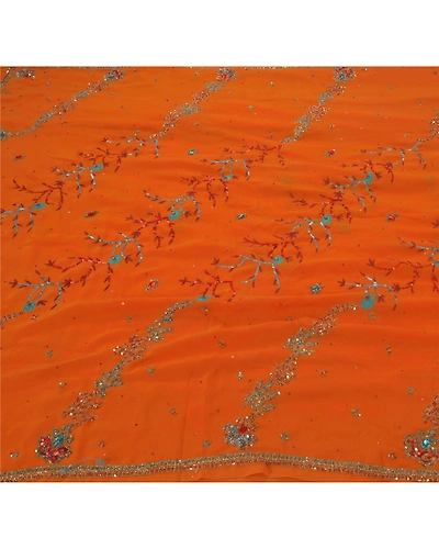 Sanskriti Vintage Indian Sarees Georgette Hand Beaded Orange Craft Fabric Sari, PS-43727-Orange-Hand Beaded With Zardozi Work &amp; Rhinestone-Georgette-1