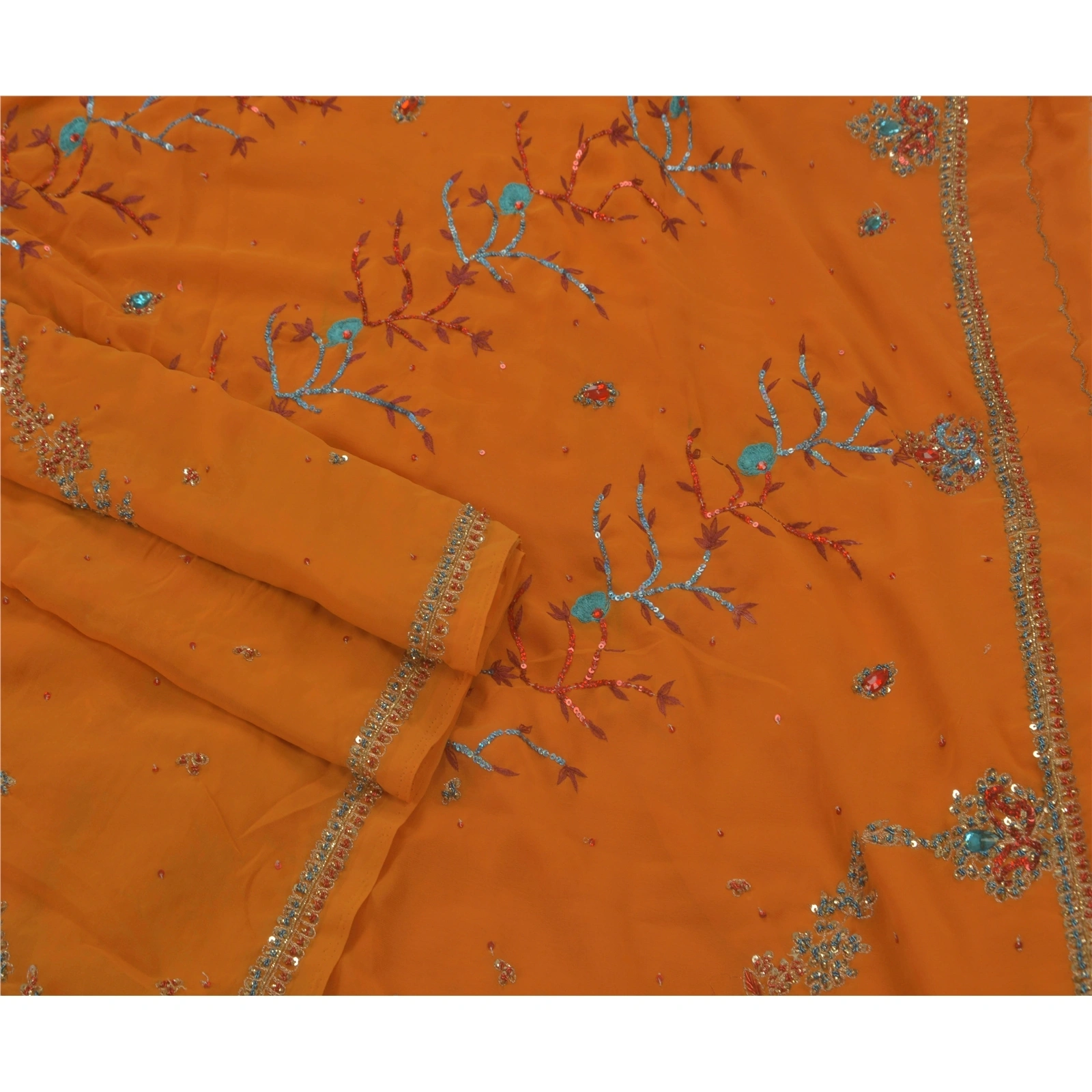 Sanskriti Vintage Indian Sarees Georgette Hand Beaded Orange Craft Fabric Sari, PS-43727-Orange-Hand Beaded With Zardozi Work &amp; Rhinestone-Georgette-2