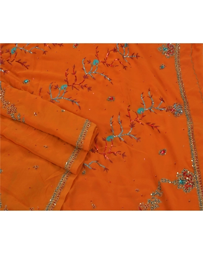 Sanskriti Vintage Indian Sarees Georgette Hand Beaded Orange Craft Fabric Sari, PS-43727-Orange-Hand Beaded With Zardozi Work &amp; Rhinestone-Georgette-2