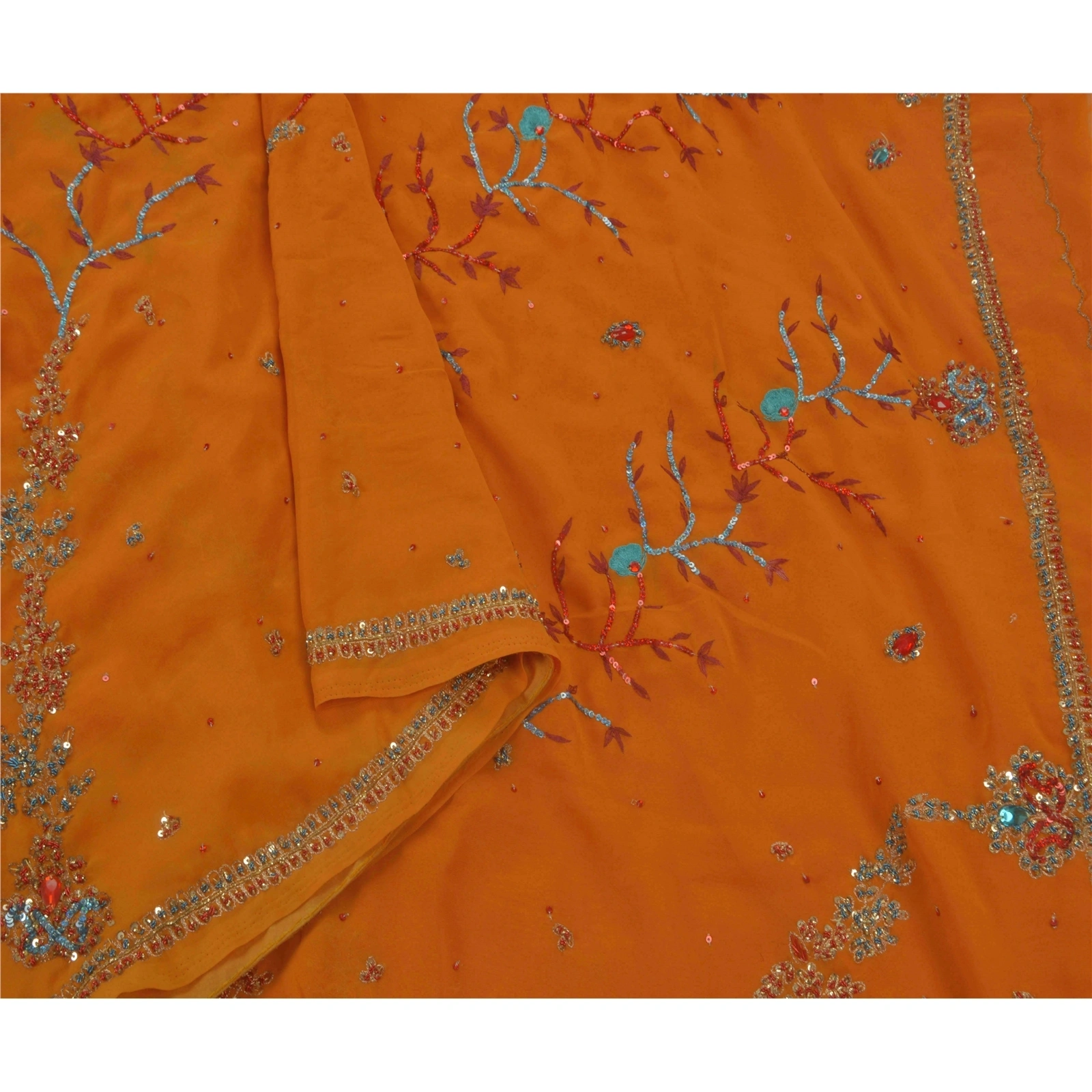 Sanskriti Vintage Indian Sarees Georgette Hand Beaded Orange Craft Fabric Sari, PS-43727-Orange-Hand Beaded With Zardozi Work &amp; Rhinestone-Georgette-3