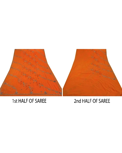 Sanskriti Vintage Indian Sarees Georgette Hand Beaded Orange Craft Fabric Sari, PS-43727-Orange-Hand Beaded With Zardozi Work &amp; Rhinestone-Georgette-4