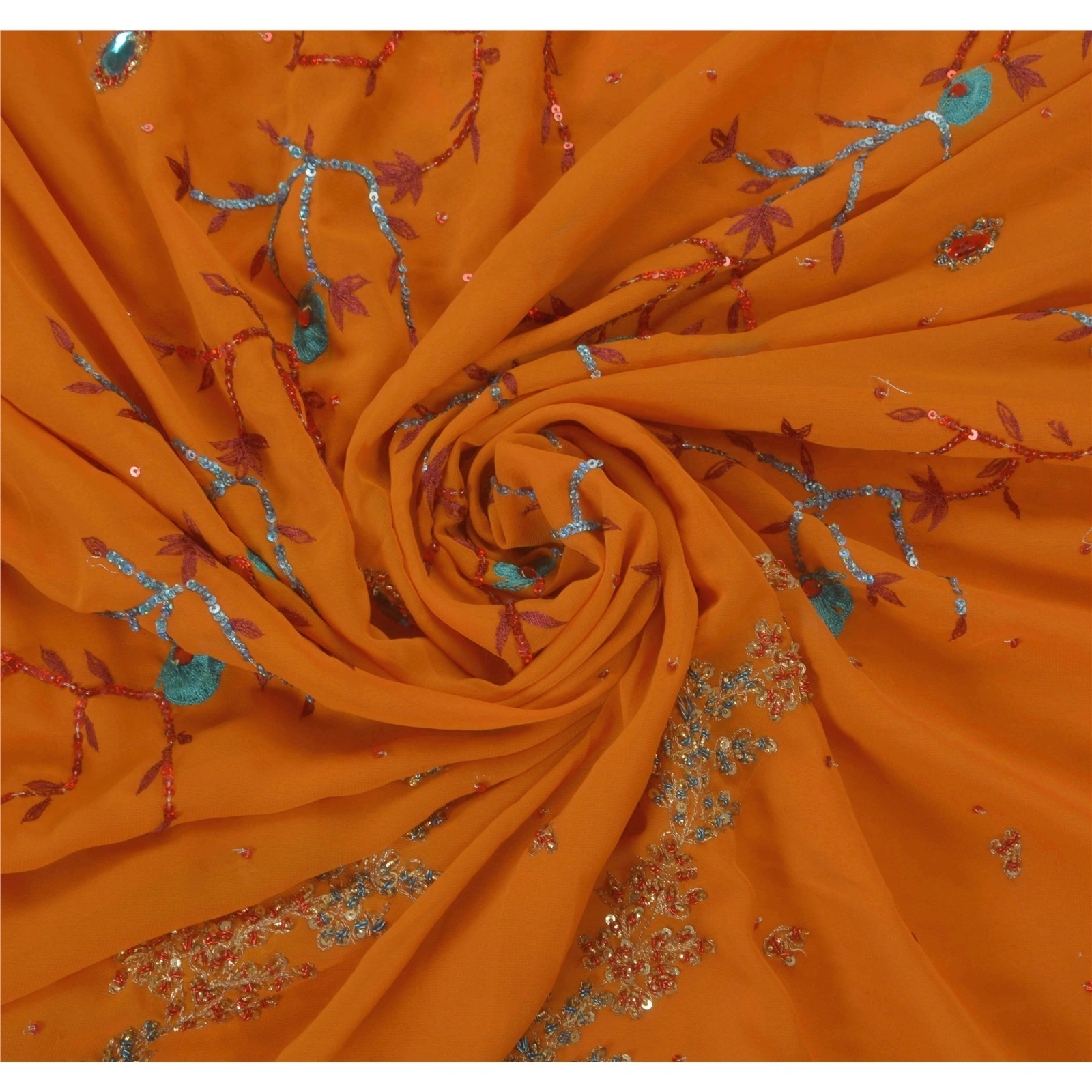 Sanskriti Vintage Indian Sarees Georgette Hand Beaded Orange Craft Fabric Sari, PS-43727-Orange-Hand Beaded With Zardozi Work &amp; Rhinestone-Georgette-5