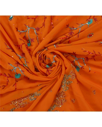 Sanskriti Vintage Indian Sarees Georgette Hand Beaded Orange Craft Fabric Sari, PS-43727-Orange-Hand Beaded With Zardozi Work &amp; Rhinestone-Georgette-5